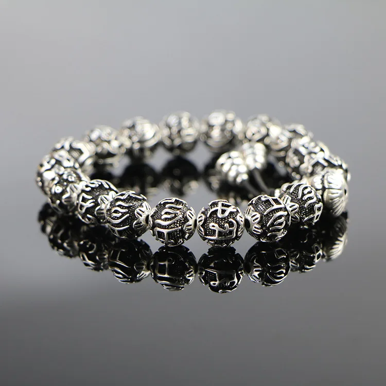 

Retro Folk Style Six Words Bead Bracelets Thai Silver Men Women Heart Bracelets Transfer Beads Ball Prayer Beads Bracelet