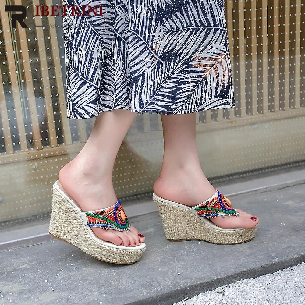 

RIBETRINI Hot Sale Genuine Cow Leather 2019 Platform Wedge Heels Summer Shoes Woman Pumps Slip On Mules Pumps Lady Shoes