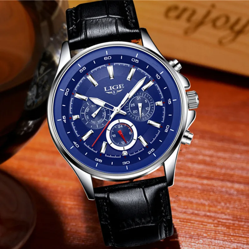 LIGE мужские s часы Топ бренд класса люкс кварцевые часы мужские водонепроницаемые спортивные часы модные повседневные военные часы мужские Relogio Masculino - Цвет: silver blue leather
