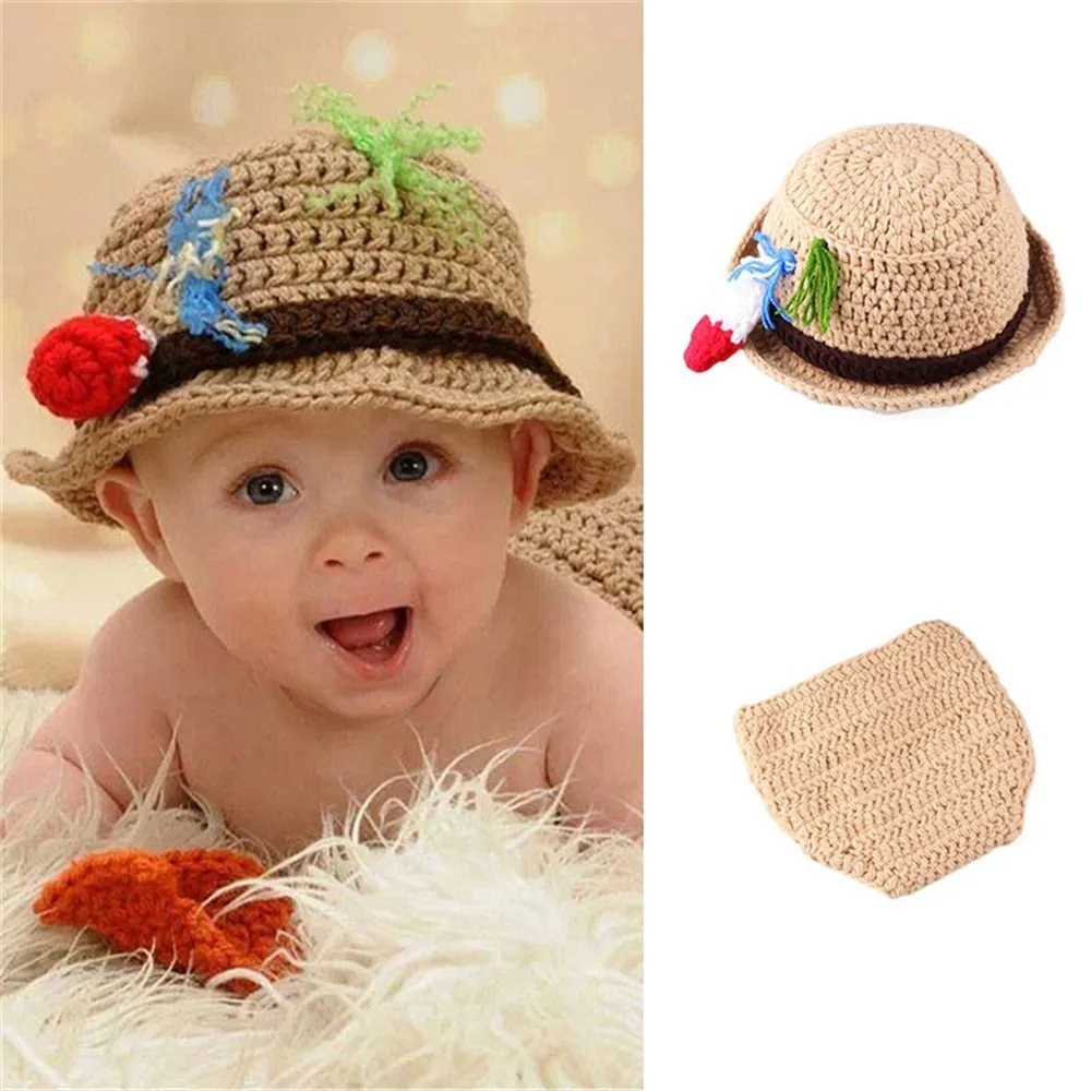 

Newborn Baby Fisherman Costume for Photo Shoot Crochet Infant Hat Baby Cap Newborn Photography Props Knitted Winter Hat Khaki