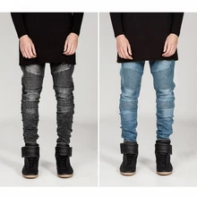2016 herren Runway Biker Jeans Dünne Distressed Dünne Elastische Denim Hiphop Hosen Gewaschen Schwarze Jeans für männer 4 farben