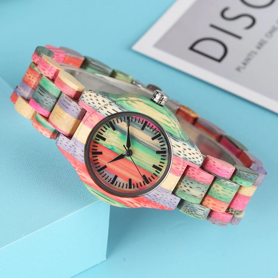 Женская мода часы ярких цветов деревянный верх роскошные часы Для женщин Кварцевые Полный Бамбук Деревянные часы браслет Для женщин