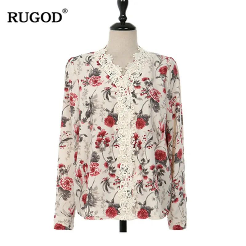 RUGOD с цветочным принтом женские офисные рубашки для мальчиков модные кружево лоскутное длинным рукавом блузки малышек для женщин весн