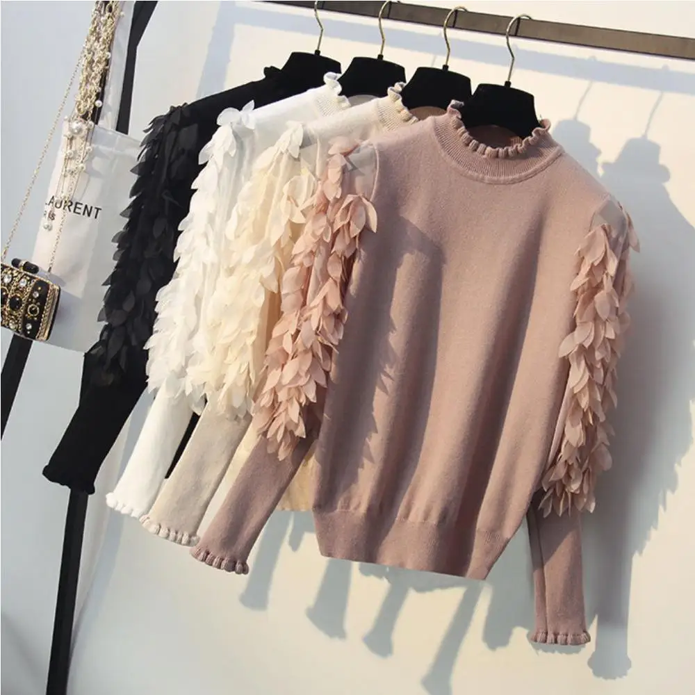 

Half-high collar Sweater Women's Head Loose Autumn And Winter Mesh Leaf Mosaic Lantern Sleeve Sweater B ottoming Sweater