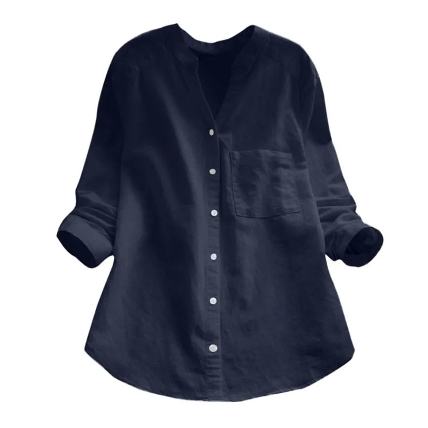 Blue Женский топ с баской, Blusas, Женская хлопковая льняная Повседневная Однотонная рубашка с длинным рукавом, блузка на пуговицах, топы, Офисная Женская рубашка - Цвет: Blue
