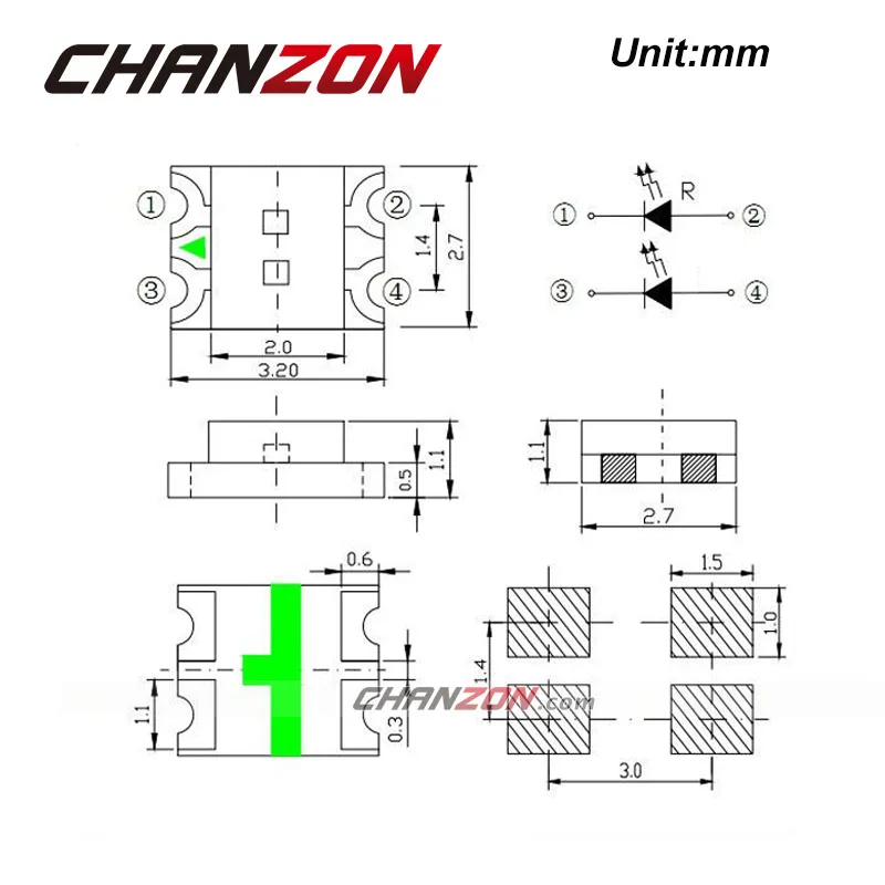 100 шт. SMD 1206(3227) двухцветный синий и красный SMT чип 20 мА DC 2 в светодиодный светильник, светодиодный, электронные компоненты для PCB