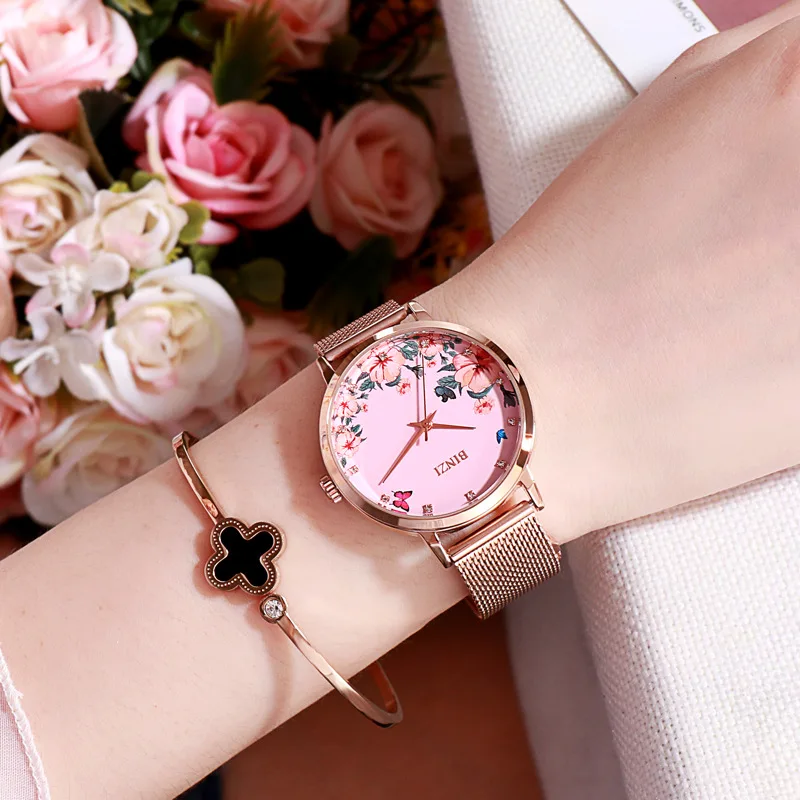 

Luxury Women Flower Watches Fashion Rose Gold Ladies Steel Mesh Bracelet Wristwatches Female Clock Reloj Mujer Bayan Kol Saati