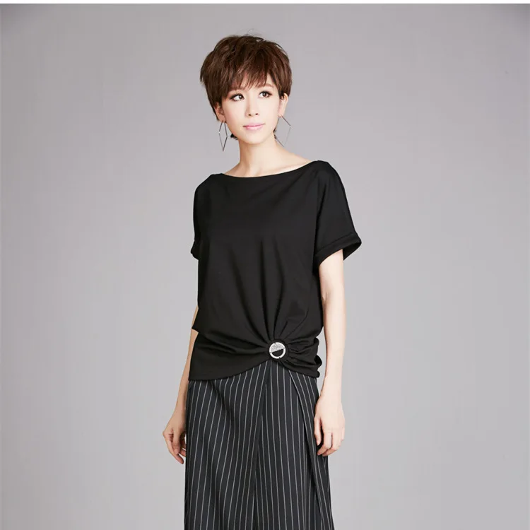 Tshirt European Split Women Style Ac8150 Shirt Summer Black Tee Slash Loose Asymsay Pleated Solid Irregular Joint Neck Tops AZqdCZvw