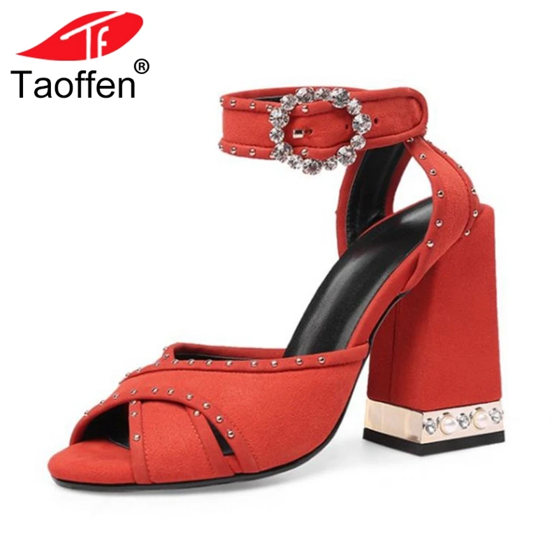 

TAOFFEN Women High Heel Sandals Buckle Thick Heel Crystal Real Leather Summer Shoes Fashion Sandals Party Footwear Size 34-43