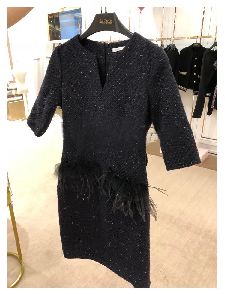 

KENVY High-end luxury fashion brand women's winter with feather woolen dress