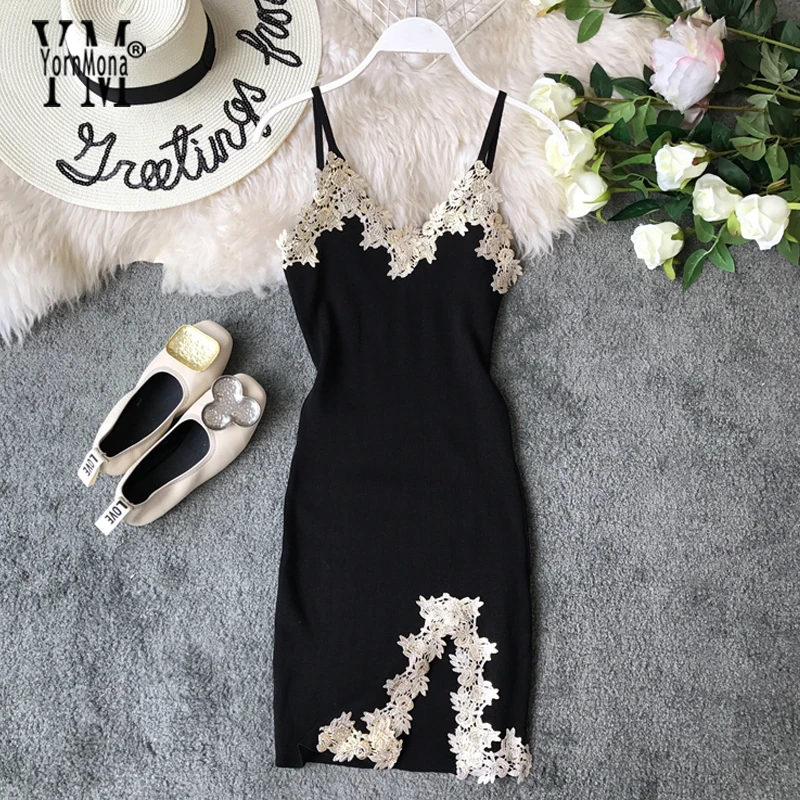 

YornMona Lace Embroidery Women Dress 2019 Summer V-neck Split Backless Sexy Club Party Dresses Spaghetti Strap Knitted Dress