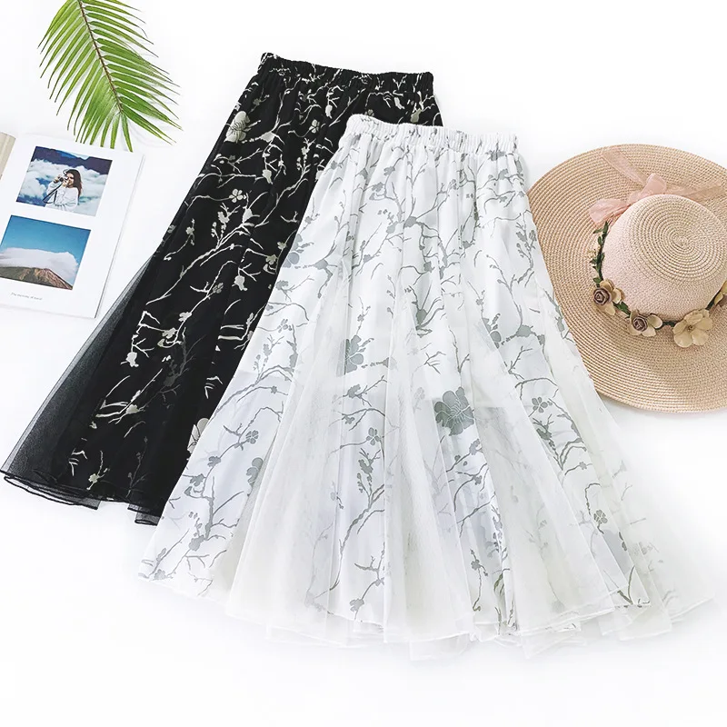 

Wasteheart Summer Black Women Skirt Casual High Waist A-Line Mesh Mid-Calf Long Skirt Clothing Ruffles Skirts Floral Printed
