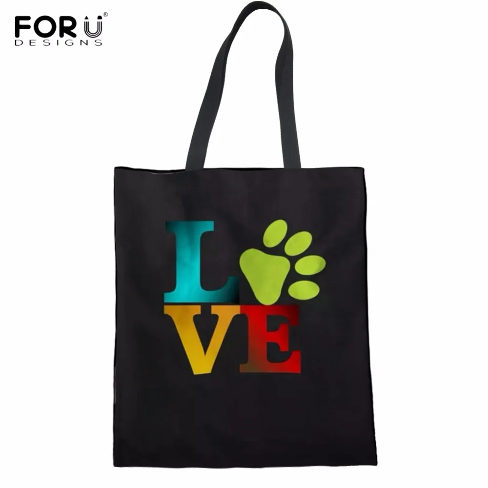 

FORUDESIGNS Funny Love Paw Print Woman Linen Shopper Bags Casual Black Shopping Tote Bags Large Folding Reusable Cloth Eco Bags
