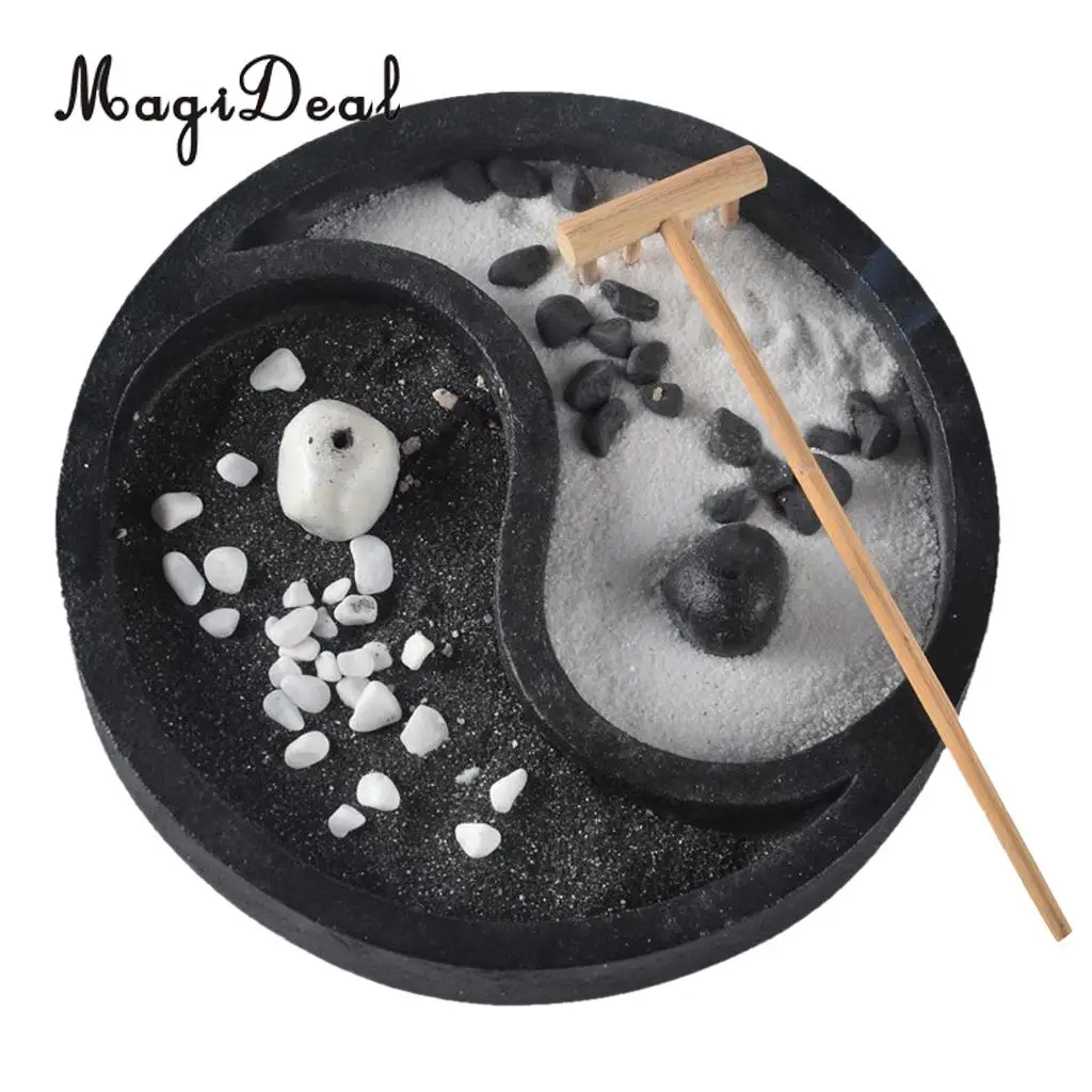MagiDeal Japanese Zen Garden Sand Tray Buddha Stones Fengshui Meditation Landscape Ornament Home Club Pub Bar