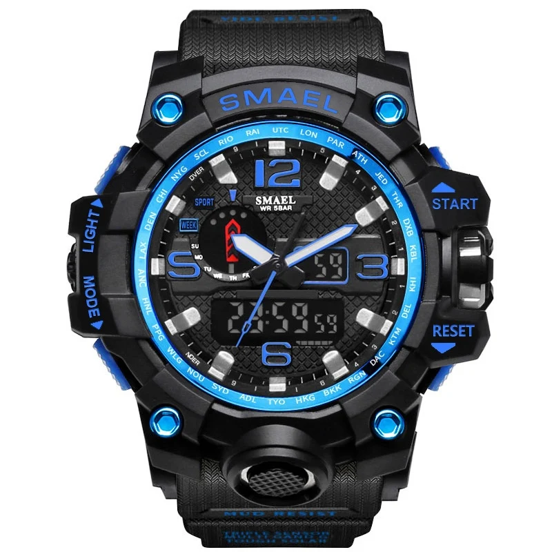 SMAEL брендовые модные часы мужские водонепроницаемые спортивные военные часы 1545 Мужские Роскошные наручные часы Аналоговые кварцевые часы с двойным дисплеем - Цвет: 1545 Black Blue
