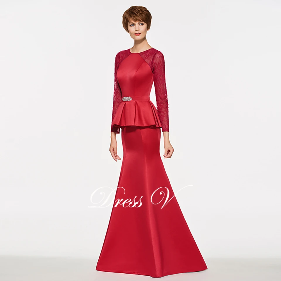 DressV темно-красные длинные для матери невесты платье развертки Поезд с длинными рукавами настроены бисером атласные мать длинное вечернее нарядное платье