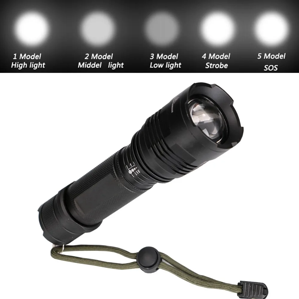 

XM-L T6 Aluminum Flashlight Waterproof Zoomable LED Flashlight 5 Modes Telescopic focus Torch by 1*18650/1*26650 Battery light