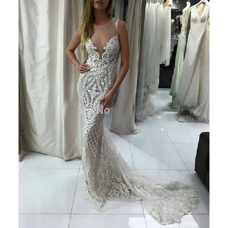 Sexy Illusion Appliques Mermaid Prom Dress 2016 Sweep Train