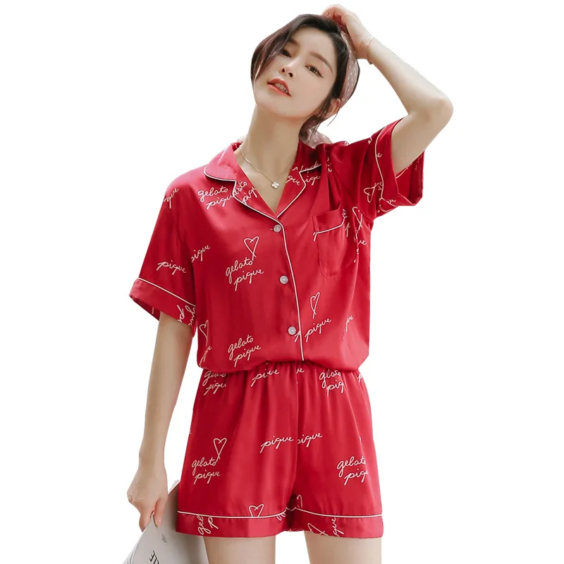 

Pajamas Female Summer Ice Silk Short-sleeved Suit Fashion Letter Printing Thin Silk Home Clothes Sets Summer Wear Pijama Verano