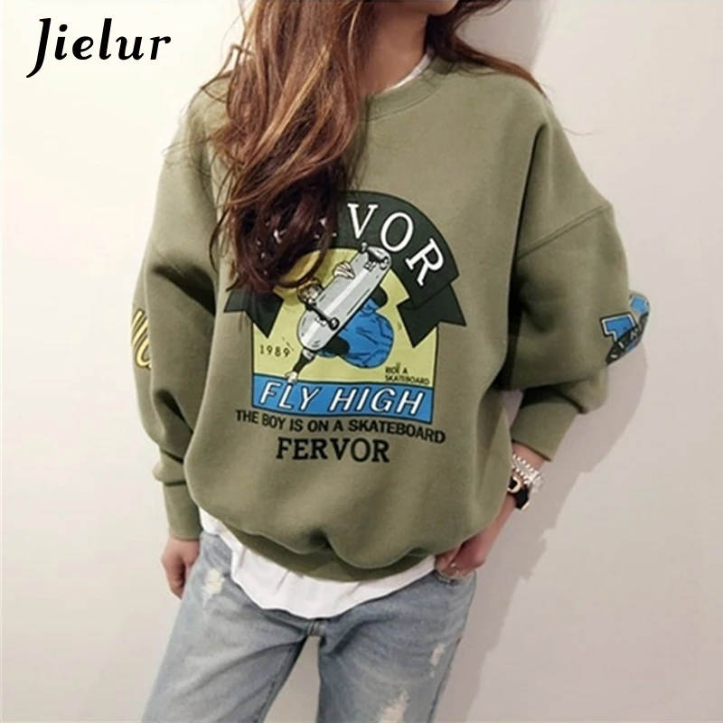 

2016 Winter Autumn New Harajuku Funny Cartoon Tracksuit for Women Pullover Fleece Loose Sweatshirt Female Hoodies Army Green 2XL