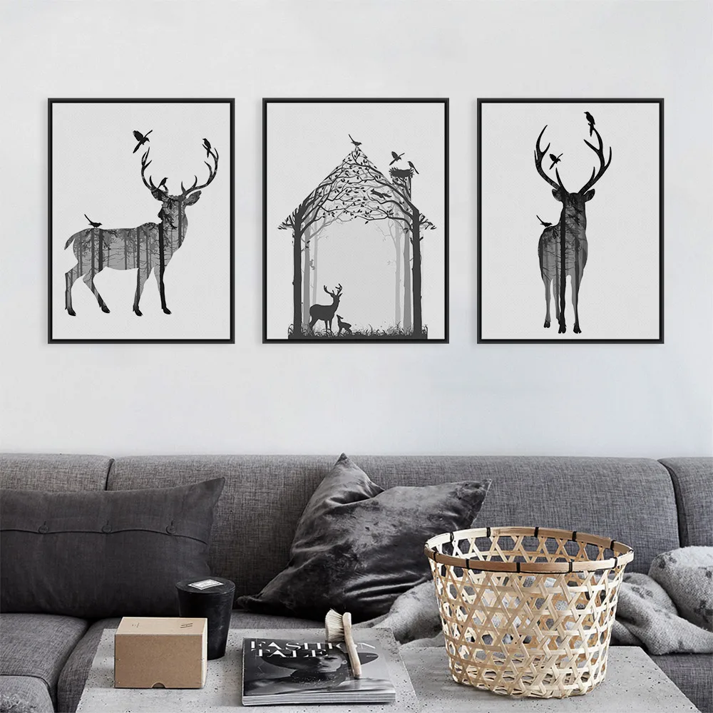Animal Silhouette Picture Print Canvas Poster Wolf Deer Art Home Wall Decor