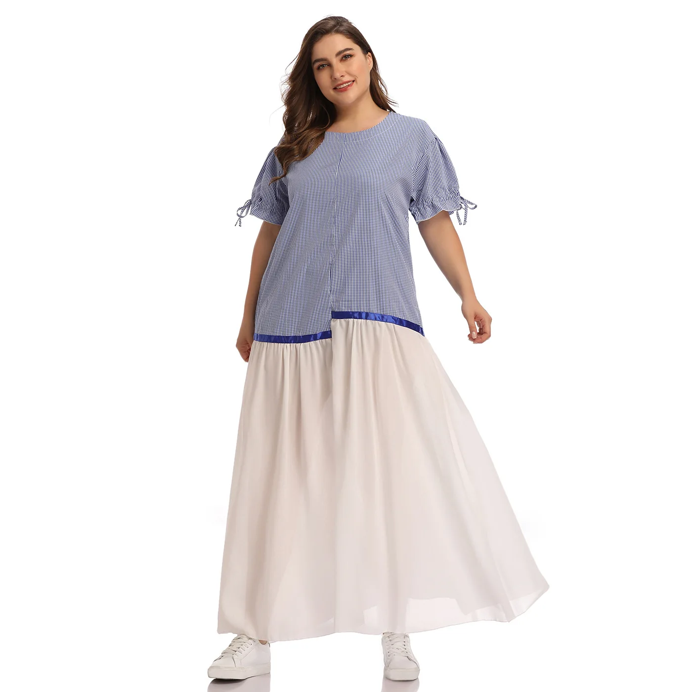 

Beach Dresses Plus Size Women Summer Short Sleeve Striped Print Mesh Patchwork Maxi Long Dress Tunic Loose Oversized Dress