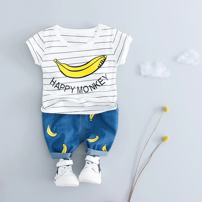 

New Arrivals Summer T-shirt + Jeans Shorts/Set Boys Cartoon Banana Tops Children Cotton Infant Clothing Baby Clothes Set 0-4T