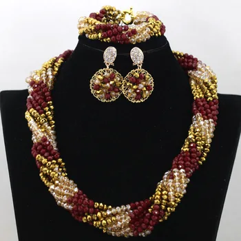 

Fashion Dubai Costume Jewelry Set Twisted Crystal Beads African Fashion Jewelry Necklace Set Red and Gold Free Shipping WA491
