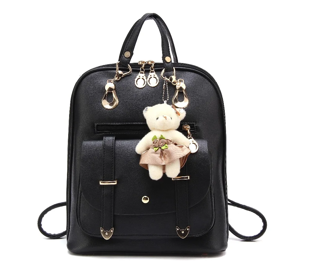 Famous Brand Black Backpack Women Backpack with Bear Girls School Bags for Girls Female Kanken PU Leather Women Backpack Mochila