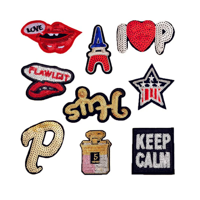 

New Fashion Love Lips Letter KEEP CALM Sequined Patches Sew Fabric Sticker For Clothes Badge Embroidered Appliques DIY
