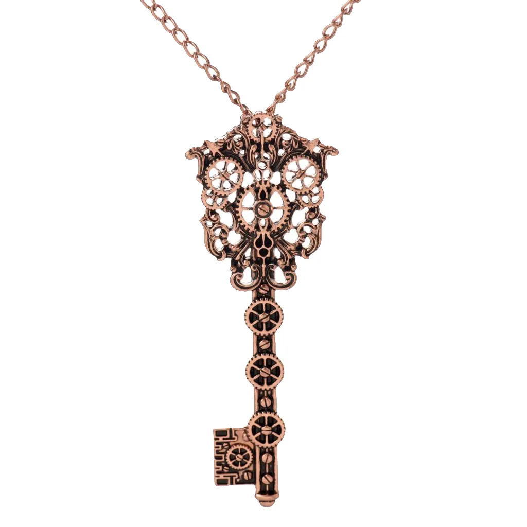 2pcs Vintage Filigree Skeleton Key Gear Cog Steampunk Chain Pendant Necklace