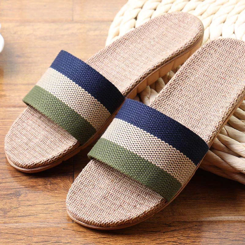 Summer Home Slippers Men Shoes Linen Flip Flops Striped Couples Slides Antiskid Indoor Slippers Flat Home Shoes Pantoufle Homme - Цвет: Синий