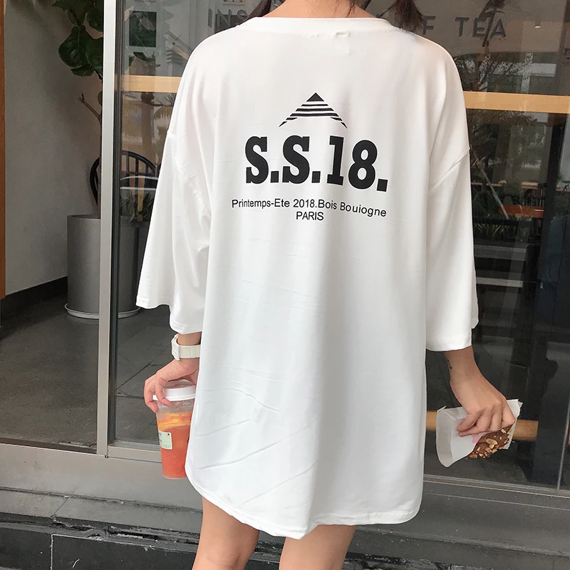 

korean kawaii ulzzang blue white top tees harajuku oversize long women tshirt 2019 summer letter print t shirt female streetwear