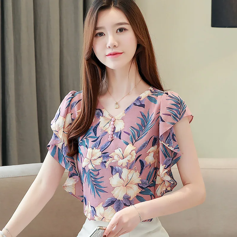 

Fashion Women V Collar Summer Floral Temperament All-match Lotus Loose Casual Chiffon Shirts Blouses