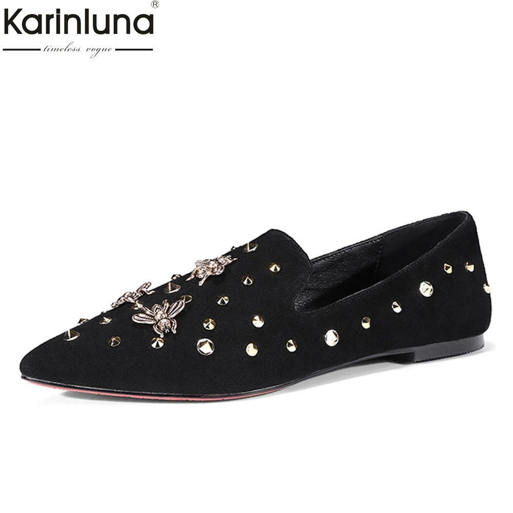 

Kid Suede Genuine Leather Shoes Flats Woman Swallow Rivets Flats Wwoman Pointed Toe Flat with Casual Shoes Woman