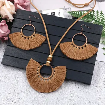 

10 colors Bohemia Tassels Necklace Earrings Suit Manual Weave Multi-storey Cloth Long Chain Pendant Necklace Women's