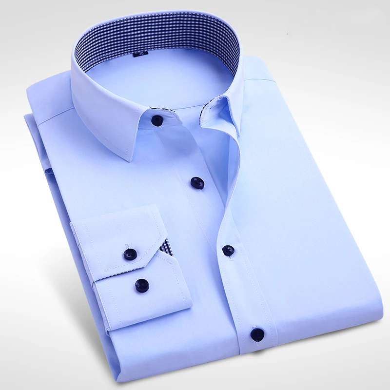 

2018 Spring patchwork collar full sleeve without chest pocket black button solid slim fit business men dress shirts 4 colors