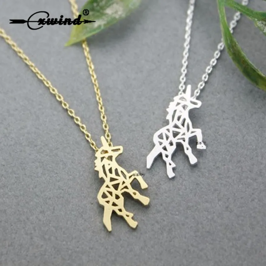 Cxwind New Unicorn Necklaces for Women Gold Silver Jewelry Tiny Brushed Cut Out Unicorn Pendant Necklace Statement Collar Bijoux