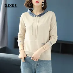 XJXKS Высокое качество Женская Повседневная пуловер с капюшоном свитера для женщин Одежда Удобные лоскутные модные женские Свитер