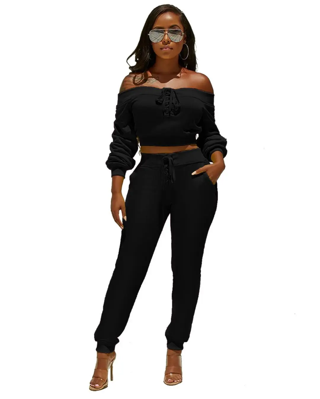 Women autumn lace up off shoulder slash neck sweathirts top pencil pants suit two piece set sporty tracksuit outfit GLYS298