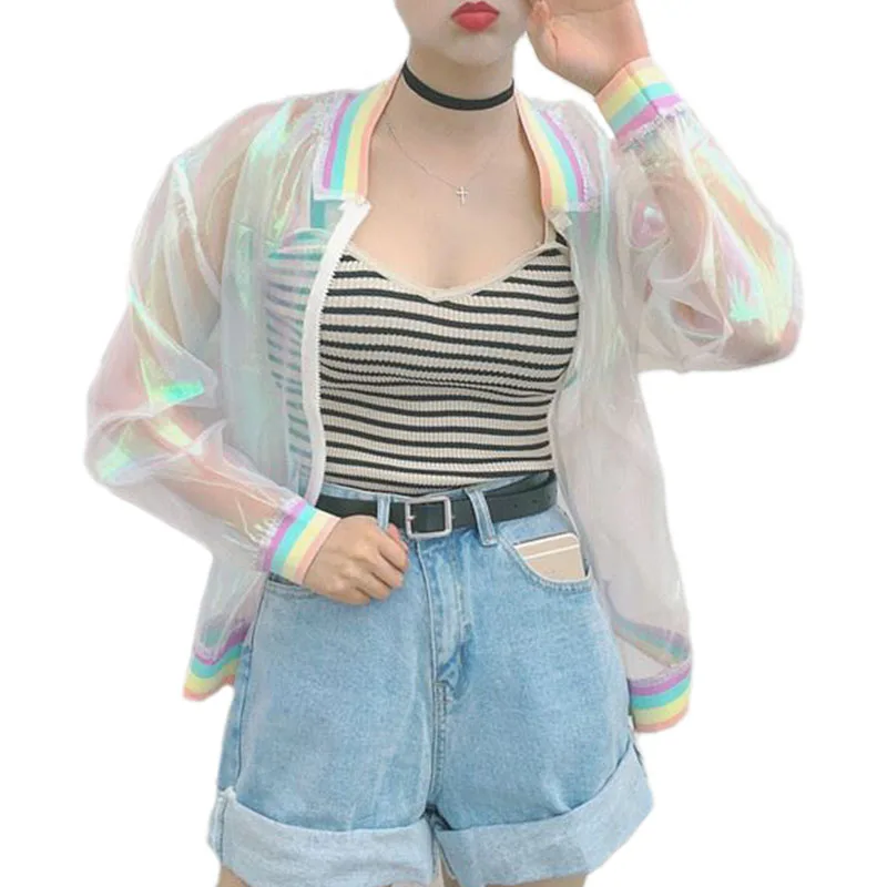 

New Harajuku Summer Women Jacket Laser Rainbow Symphony Hologram Women Coat Clear Iridescent Transparent Bomber Jacket Sunproof