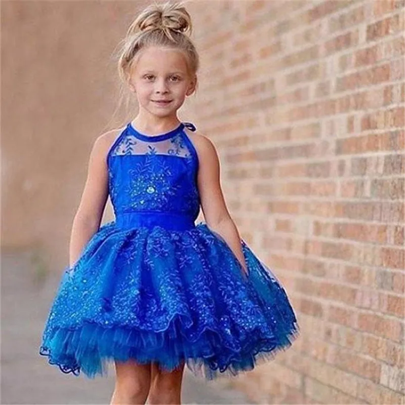 Милый Королевского синего цвета, Короткие Платье в цветочек для девочек на свадебные бальные платья кружевное платье на бретелях с рюшами для маленьких девочек, платье на выпускной, праздничная одежда для детей