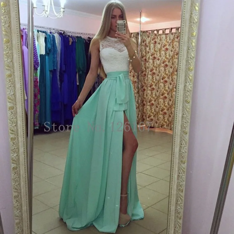 Acquamarina Bianco pizzo Abiti Lunghi Da Promenade 2017 nuovo arrivo O Neck  Senza Maniche Sexy Abiti di promenade del Vestito Da partito Lungo Vestito  Da Promenade CGP050|dress up dolls adult|dress shirts for