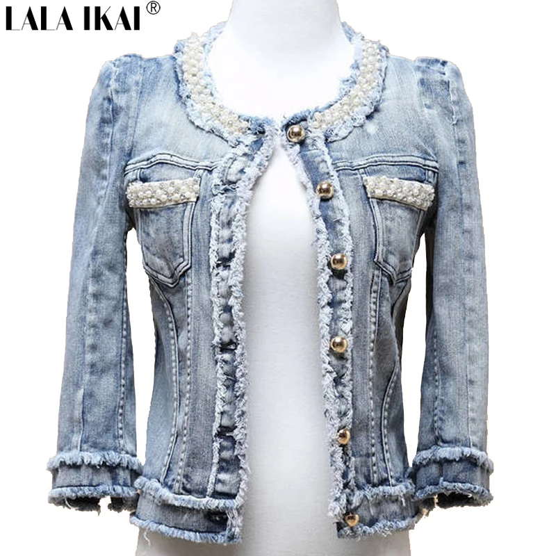 Women Pearl Jacket Distressed Short Denim Coat Fringe Jeans Women's