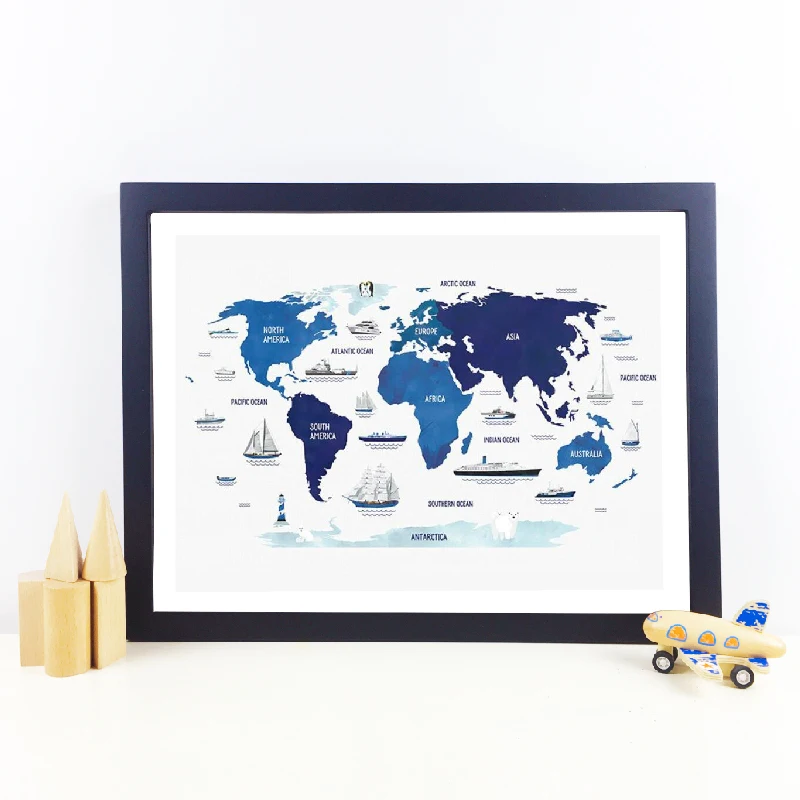 

Navy Nautical World Map Educational Posters and Prints Classroom Wall Art Canvas Painting Ship Art Picture Boy Nursery Decor