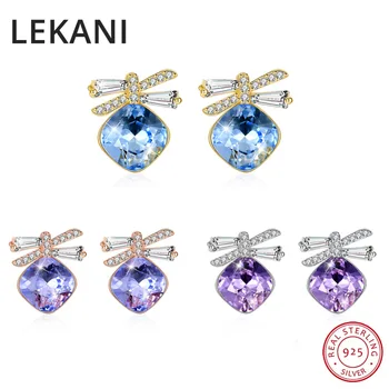 

LEKANI Square Crystals From Swarovski New Design 18K Gold Plated Bowknot Stud Earrings S925 Silver Jewelry For Women Girls Gifts