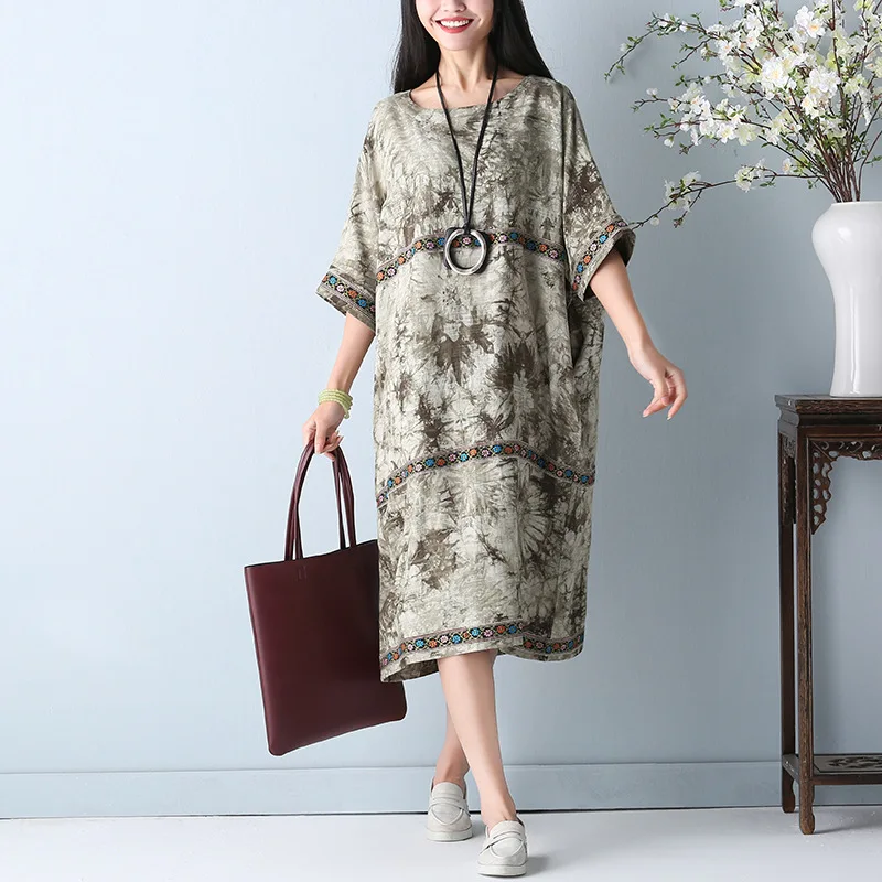 ilstile 2017 Women O-Neck Floral Print Embroidery Long Dress Vintage Casual Loose Cotton Linen Dress Summer Kaftan Plus Size plus-floral-dress : image ilstile 2017 Women O-Neck Floral Print Embroidery Long Dress Vintage Casual Loose Cotton Linen Dress Summer Kaftan Plus Size plus-floral-dress
