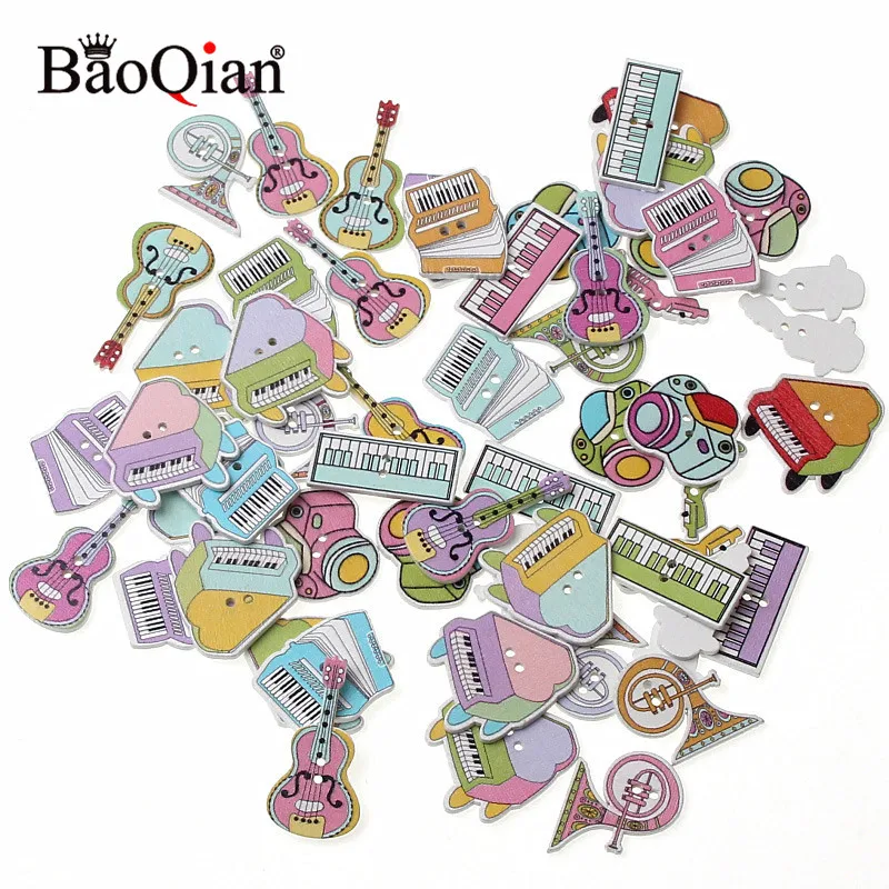 

50pcs Mixed Music Equipment Wooden Buttons For Crafts Scrapbooking Accessories decorativos botones de madera para manualidades