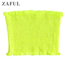 ZAFUL Neon Ruffle Trim Shirred Tube Top Summer Casual Women Ladies Strapless Skinny Short Elastic Bandeau Women Sexy Crop Top sexy stripe pattern halter ruffle trim top