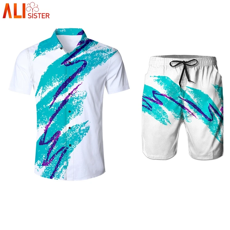 

Alisister 90s Jazz Solo Paper Cup Suits Men Shirts And Shorts Summer Funny Print Sweatpants Turn-down Collar Tuxedo Shirt Pants